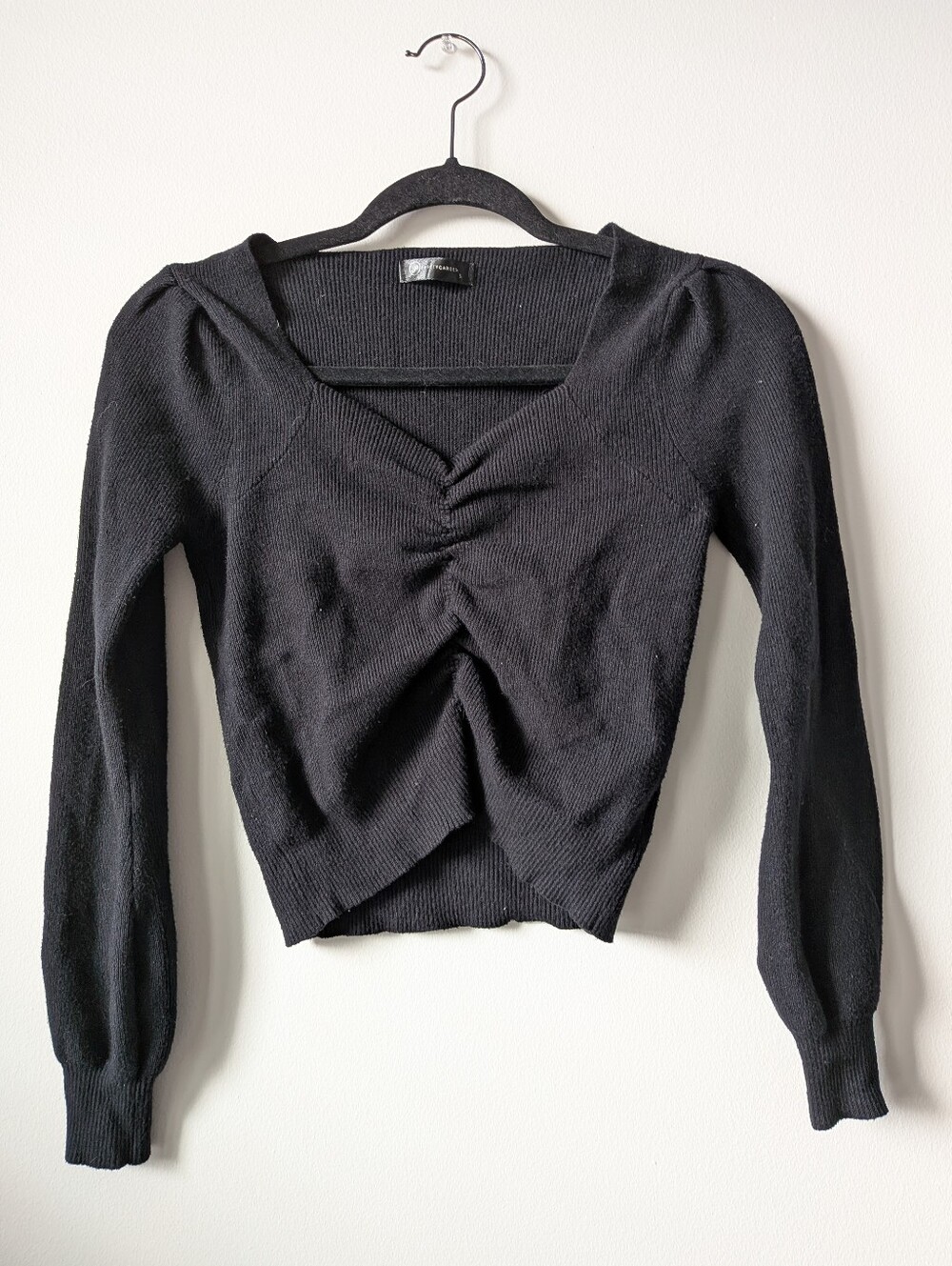Black Ruched Front Long Sleeve V Neck Knit Top Goth Academia